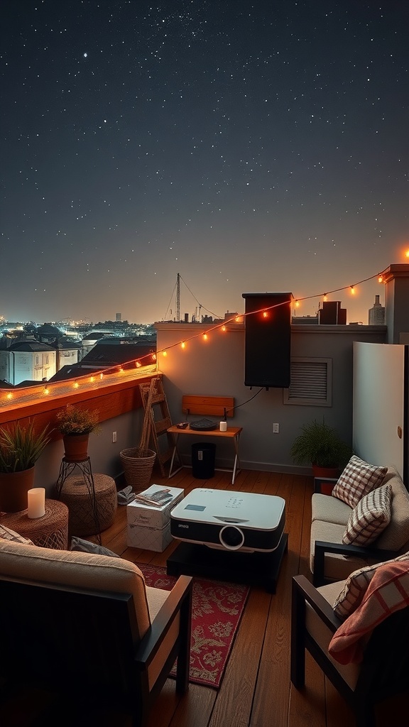 A cozy rooftop cinema setup with a projector, comfortable seating, and string lights against a starry night sky.