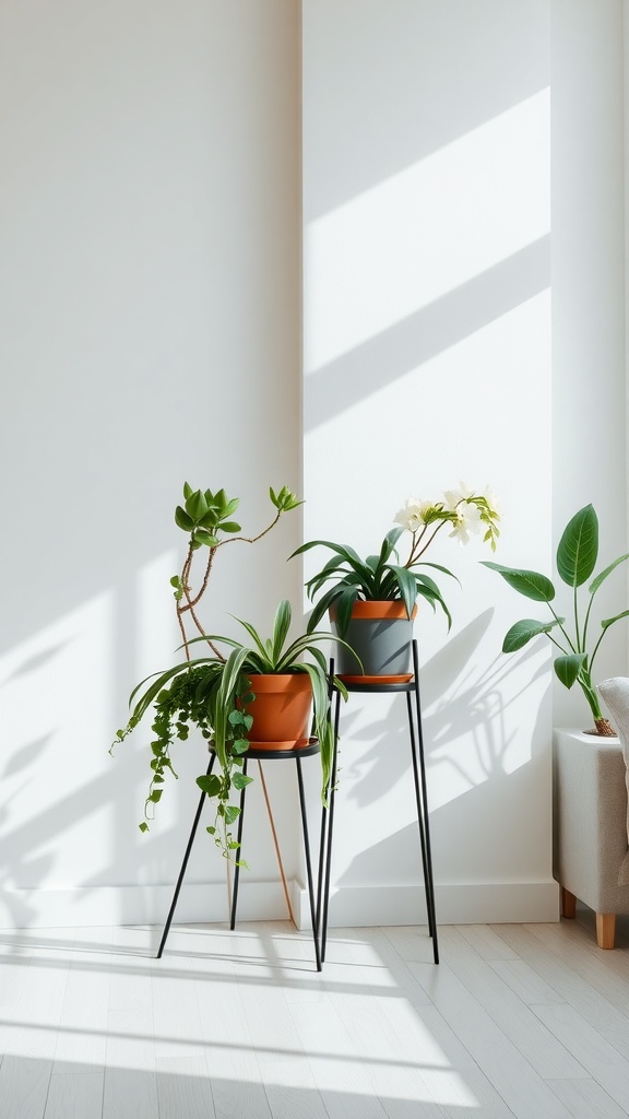 Two plants in stylish planter stands near a window with sunlight.