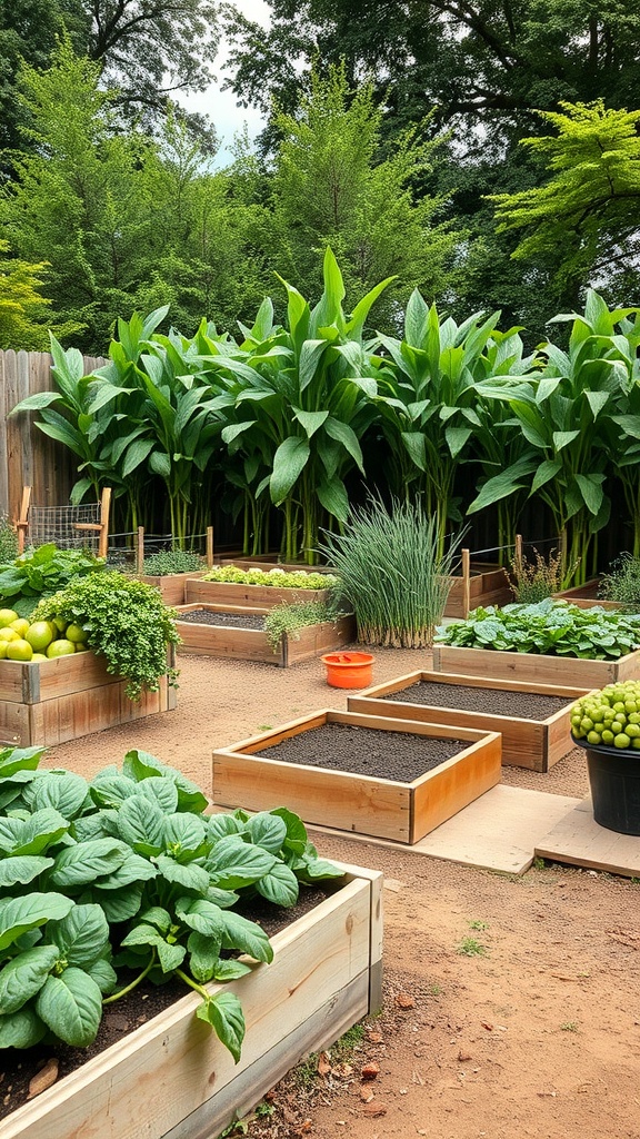 A rustic vegetable garden with raised wooden beds filled with various plants and herbs, surrounded by tall greenery.