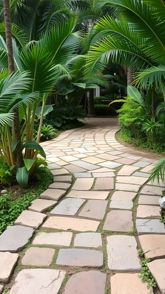 A winding stone pathway surrounded by lush tropical plants.