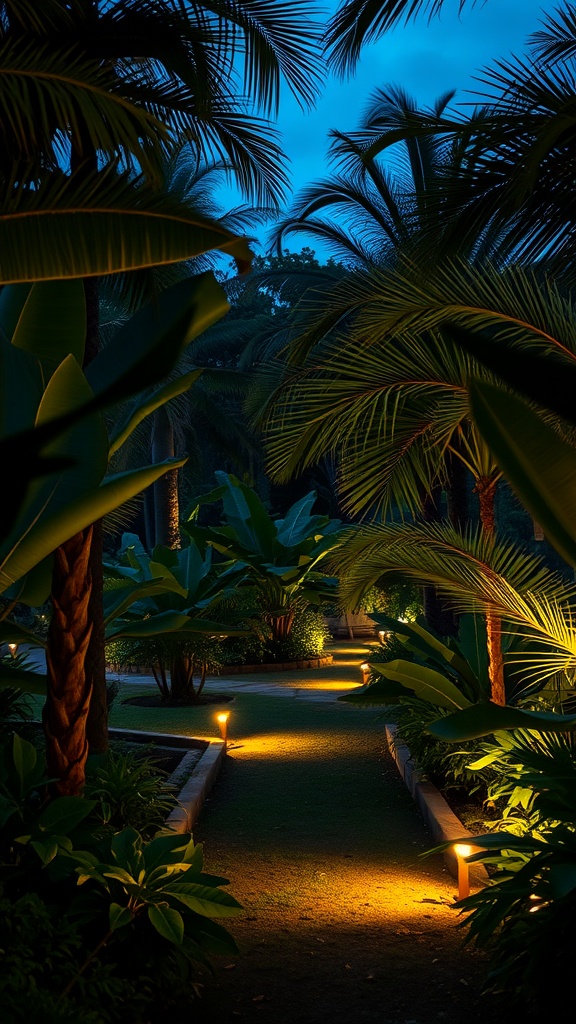 A tropical garden pathway illuminated with soft lights, surrounded by lush plants and palm trees at night.