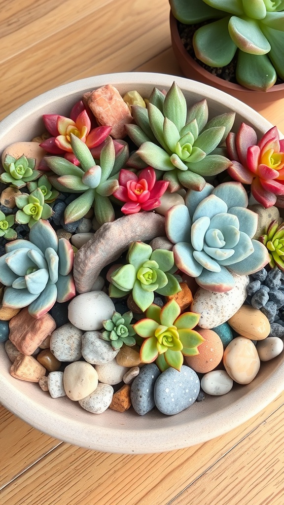 A succulent dish garden featuring various succulents and colorful rocks in a shallow container.