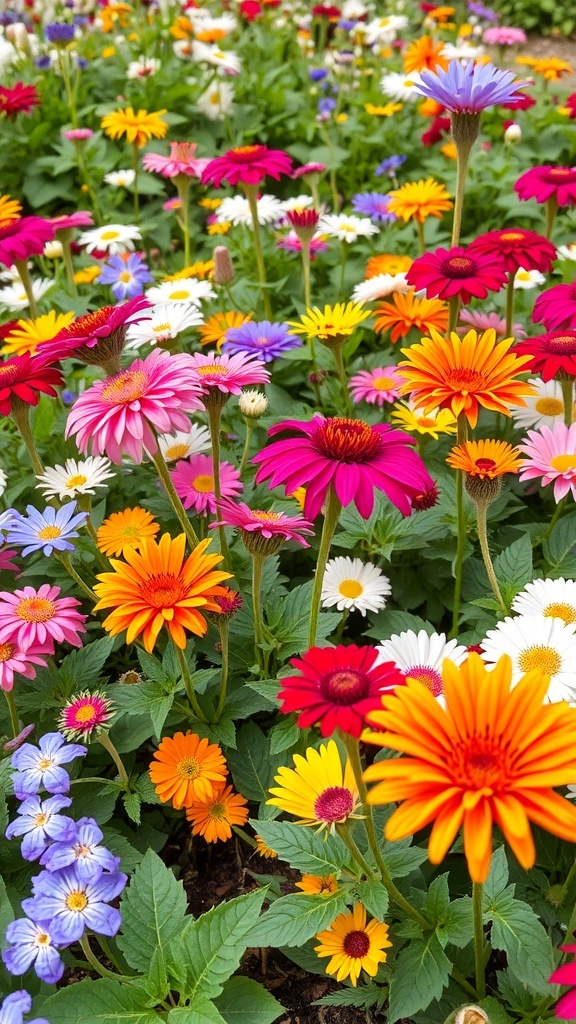 A vibrant display of seasonal flowers in various colors, including pink, orange, purple, and white.
