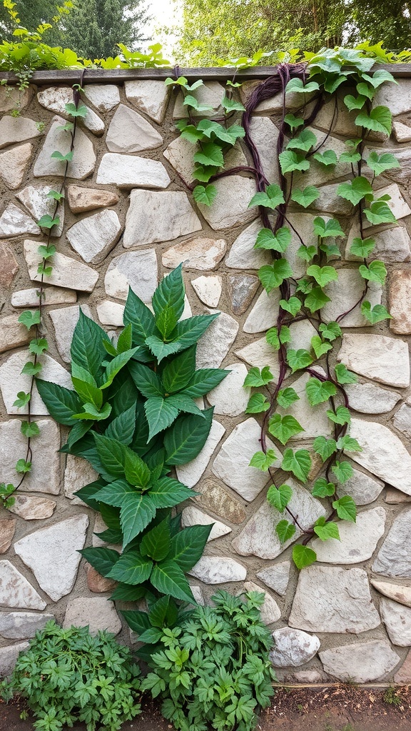 A stone wall covered with climbing green vines and large leaves at the base.