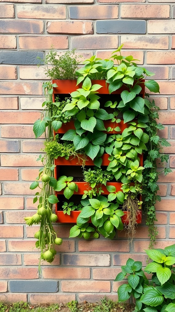 A vertical garden planter with various green plants against a brick wall.