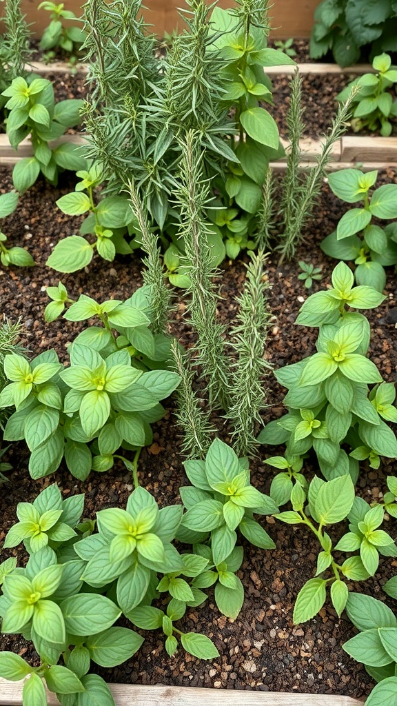 A close-up of a herb garden featuring rosemary and mint plants.