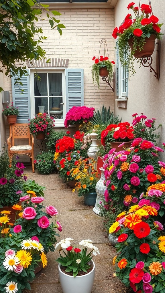 A vibrant courtyard garden filled with colorful seasonal flowers in pots and planters.