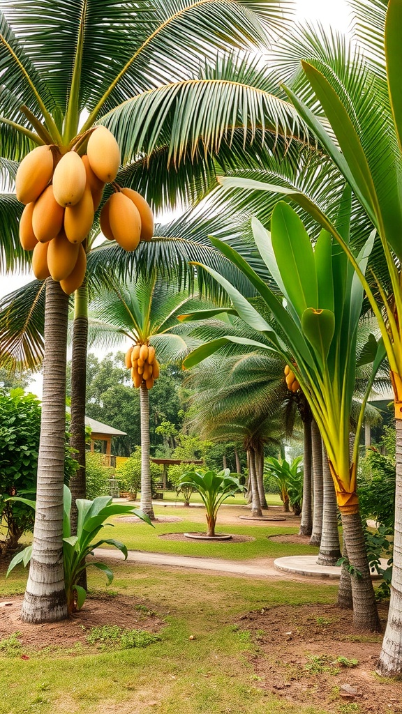 Tropical garden with palm trees bearing golden fruits and lush green plants.