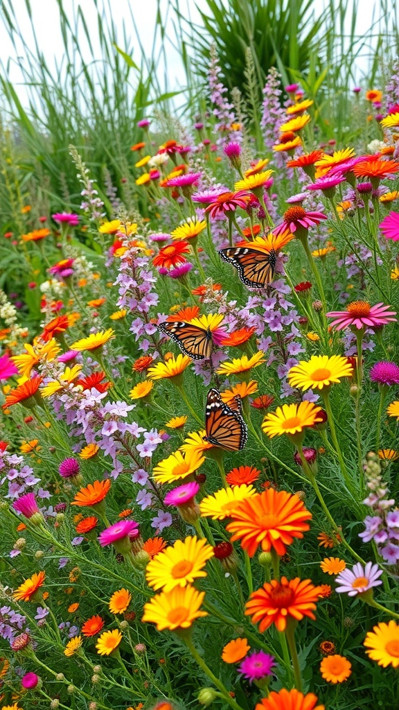 A colorful wildflower garden with butterflies
