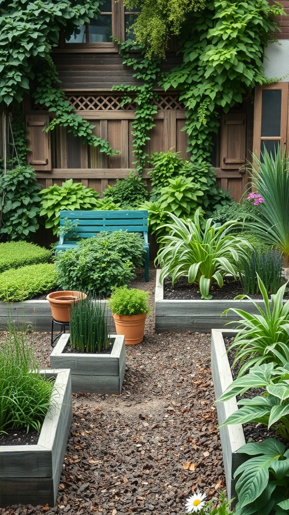 A raised garden bed layout with a blue bench, lush greenery, and terracotta pots.