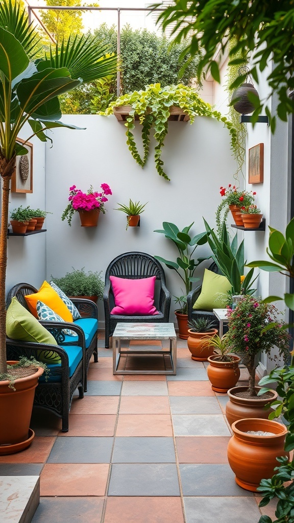 A small patio garden featuring colorful cushions, vibrant flower pots, and lush greenery.