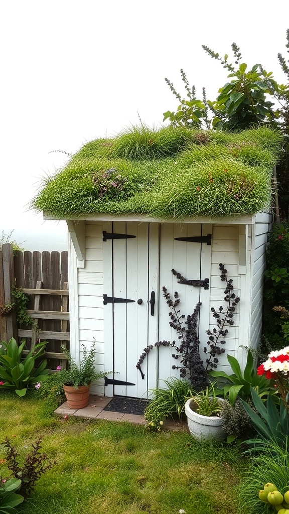 A garden shed with a green roof covered in grass and flowers, surrounded by plants and flowers.