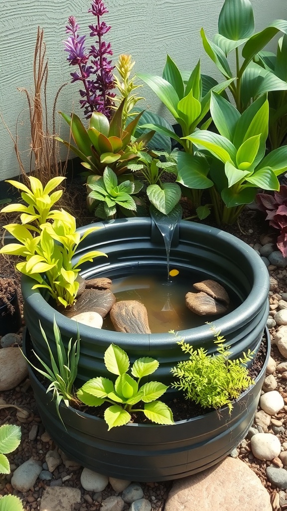 A DIY indoor water garden featuring a circular container with plants and a small water feature.