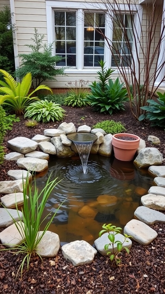 A tranquil front yard garden featuring a small pond with a fountain surrounded by lush greenery.