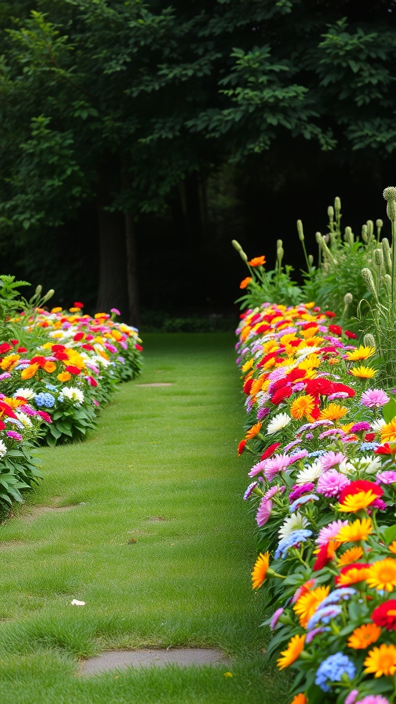 A vibrant pathway bordered by colorful flowers, leading through a lush garden.
