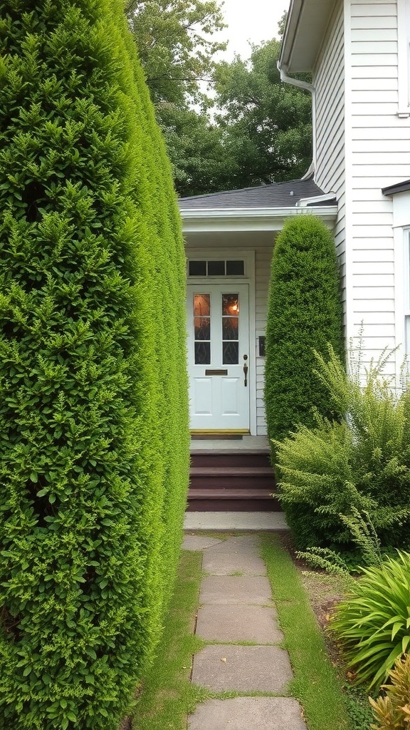 A front garden with tall green hedges lining a stone pathway leading to a white door.