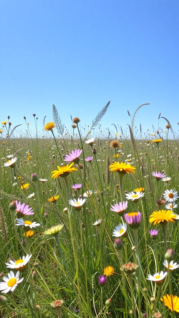 A vibrant wildflower meadow with various flowers under a clear blue sky.