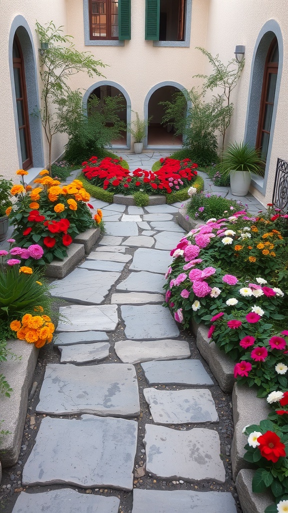 A beautiful courtyard garden with a stone pathway surrounded by colorful flowers.