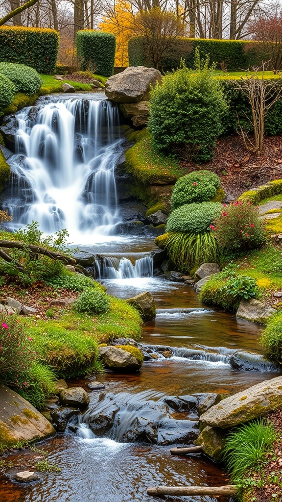 A beautiful waterfall flowing into a stream, surrounded by lush greenery and colorful flowers.