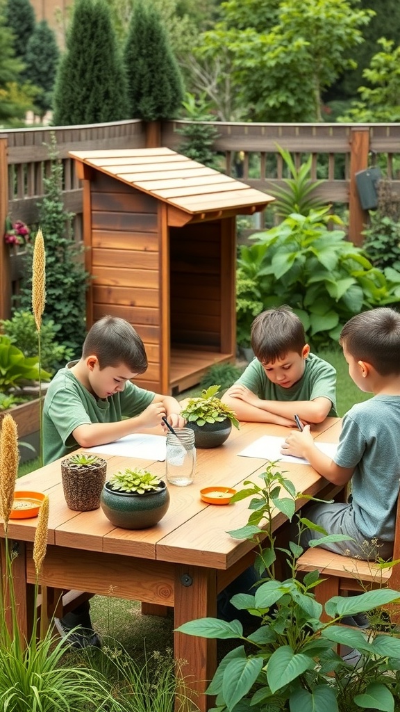 A group of people studying at a wooden table in a lush botanical garden.