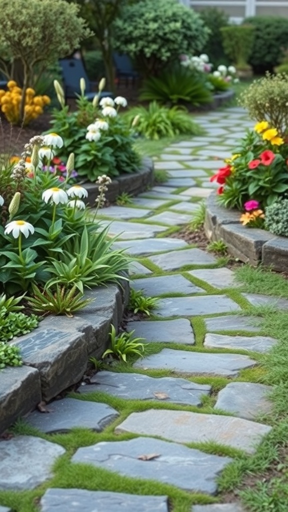 A stone pathway winding through a small garden, bordered by colorful flowers and greenery.