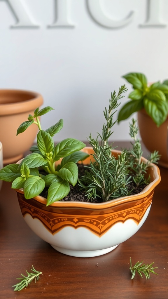 A dish garden with basil and rosemary in a decorative bowl, set against a kitchen background.