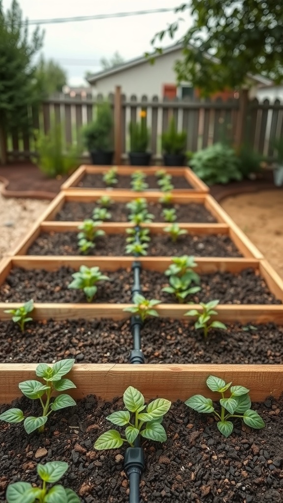 Raised garden beds with young plants and a drip irrigation system.