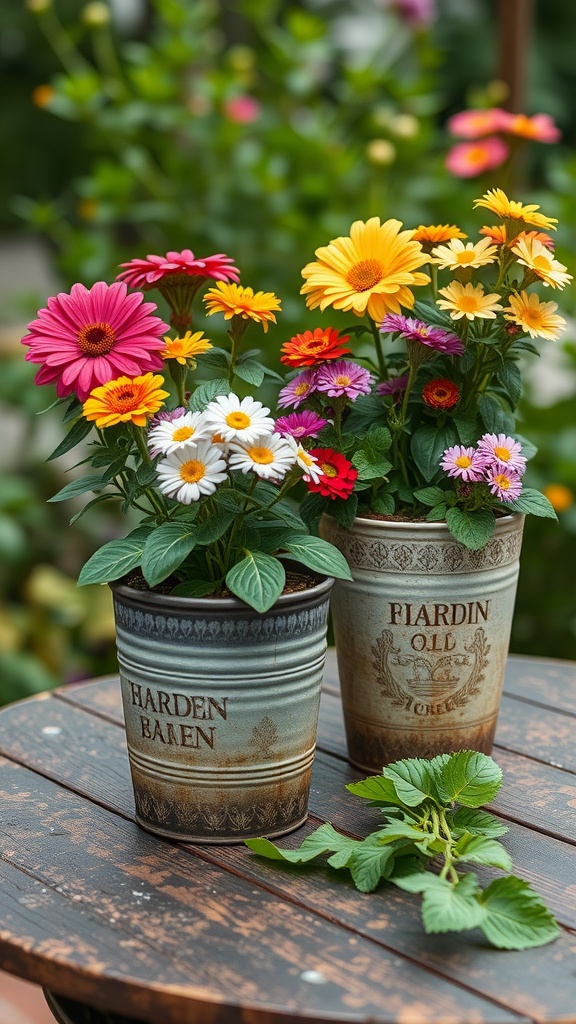 Two vintage planters with colorful flowers on a wooden table in a garden setting.