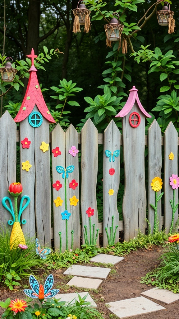 A whimsical garden fence with colorful flowers, butterflies, and little house-shaped tops.