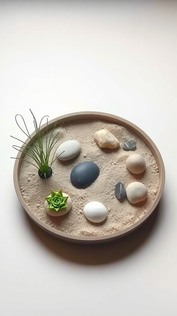 A Zen-inspired dish garden featuring sand, stones, and a succulent plant.