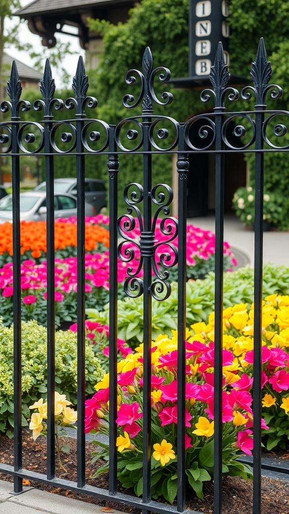 A charming wrought iron fence with intricate designs, surrounded by colorful flowers in a garden.