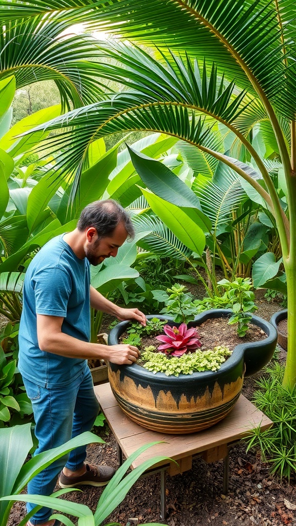 A person tending to plants in a tropical garden with lush greenery and various planters.