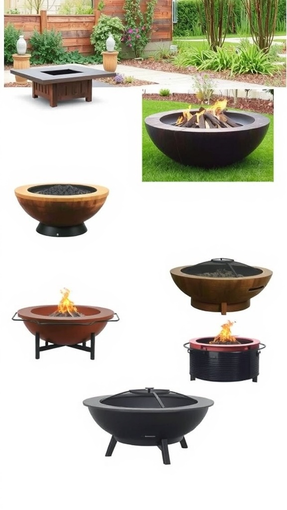 Various styles of fire pits displayed in a garden setting.