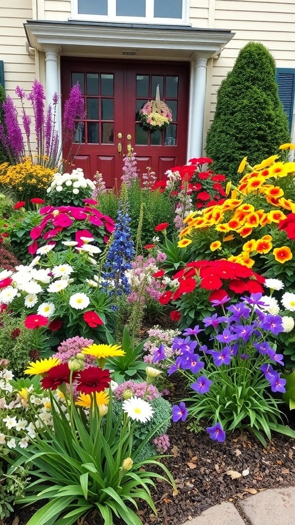 A colorful front garden with various flowers in red, yellow, purple, and white, leading to a welcoming entrance.