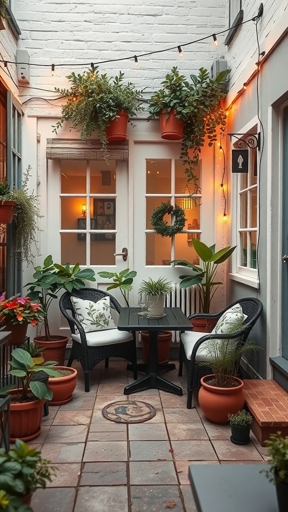 Cozy patio garden with seating arrangement, plants, and string lights.