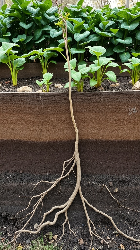 A close-up of a root system in a raised garden bed with healthy plants above.