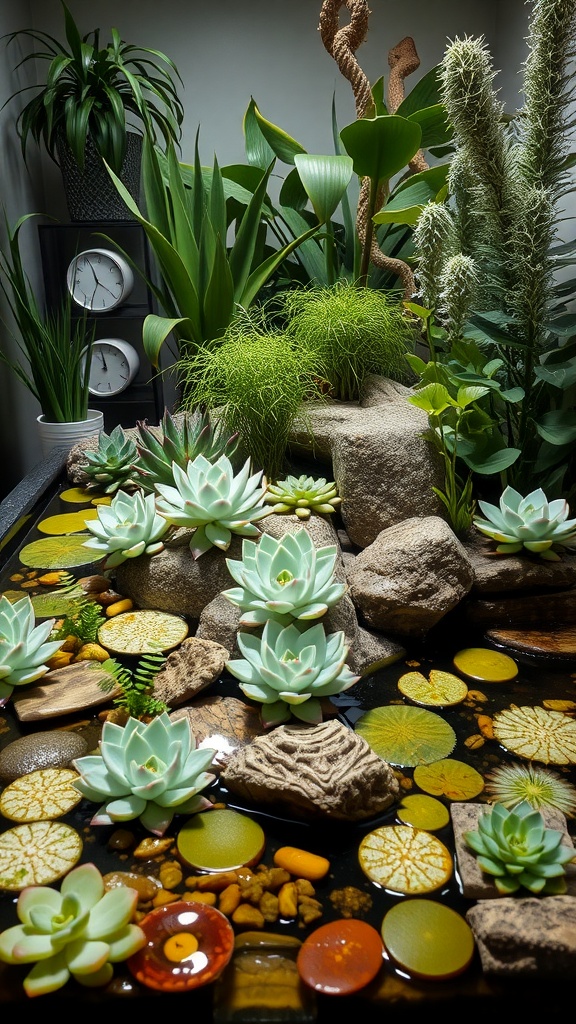 An indoor succulent water garden featuring various succulents, rocks, and colorful lily pads.