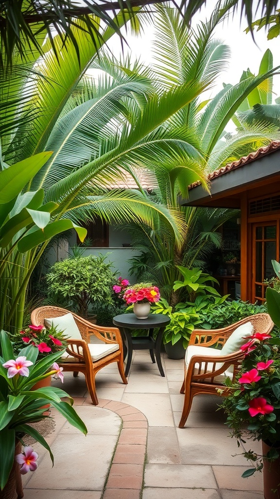 A tropical garden with two chairs, a small table, and vibrant flowers surrounded by lush greenery.