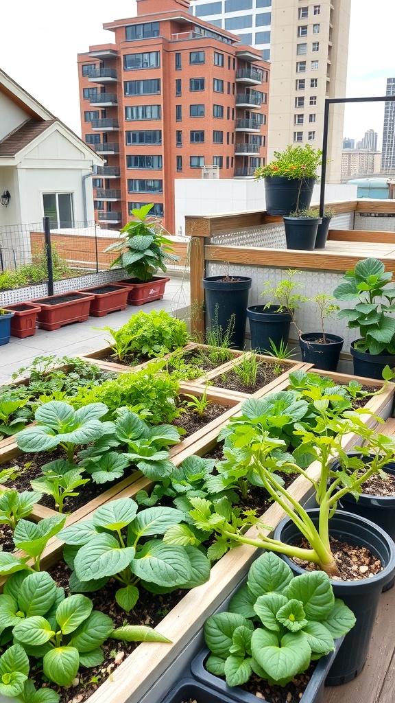 A rooftop vegetable garden with various plants in wooden planters and pots, set against a city skyline.