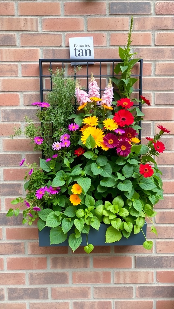 A vibrant vertical garden planter filled with colorful flowers against a brick wall.