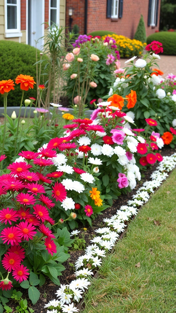 A colorful flower bed with pink, orange, and white flowers bordered by smaller white blooms.