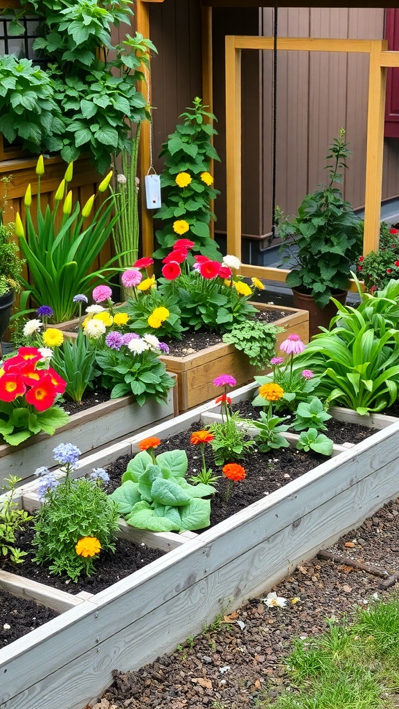 Colorful raised garden beds filled with flowers and vegetables.