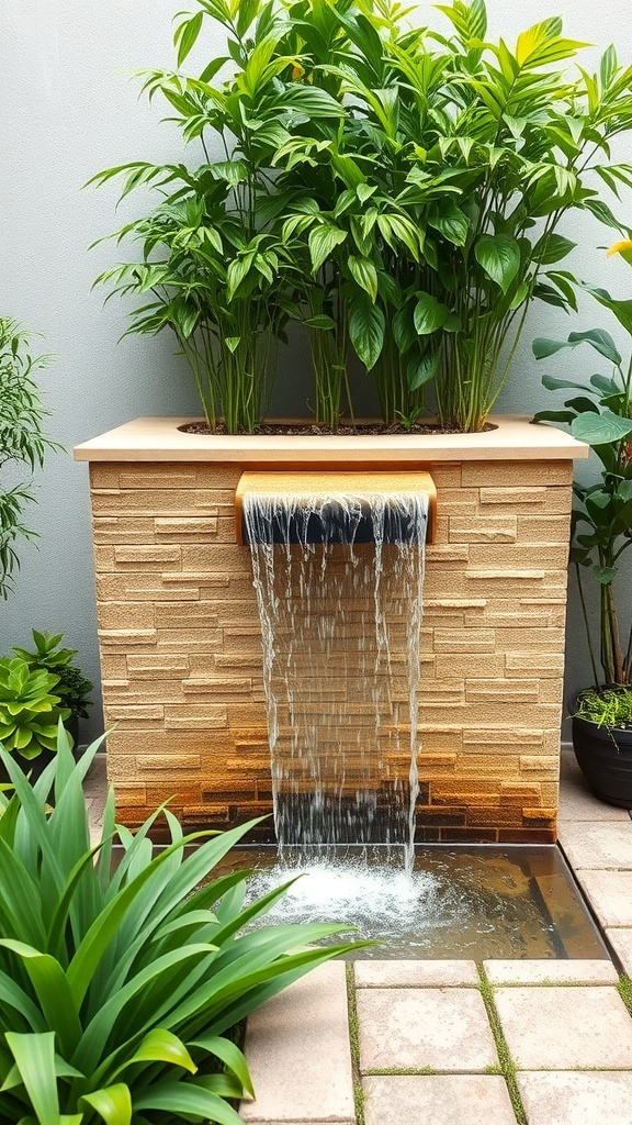 A wall-mounted waterfall with lush green plants around it