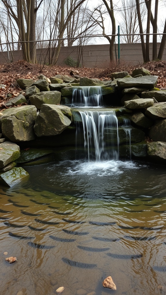 A pondless water feature with a waterfall flowing over rocks into a hidden reservoir.