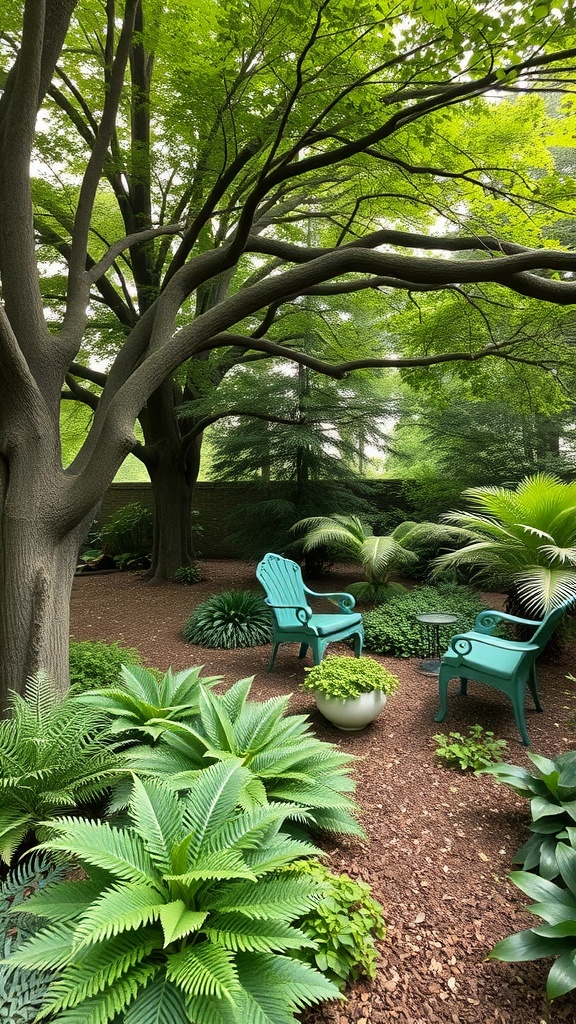 A serene shade garden with teal chairs, lush ferns, and a large tree.