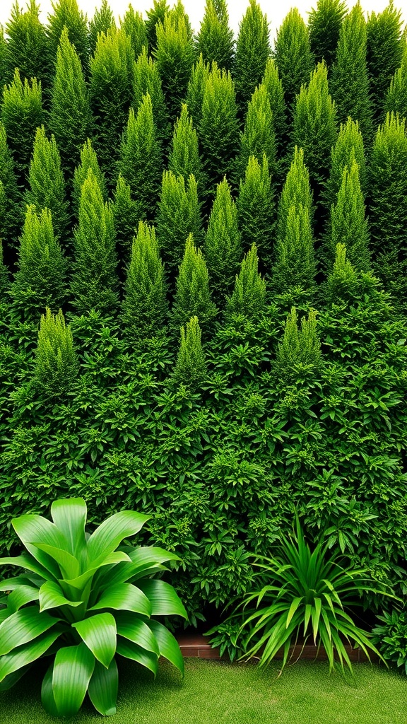 A lush green screen made of tall trees and dense foliage, creating a natural privacy barrier.