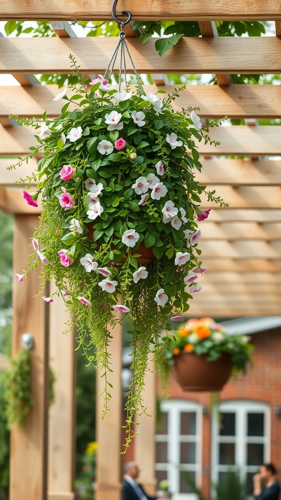 A vibrant hanging planter filled with pink and white flowers, suspended from a wooden structure.