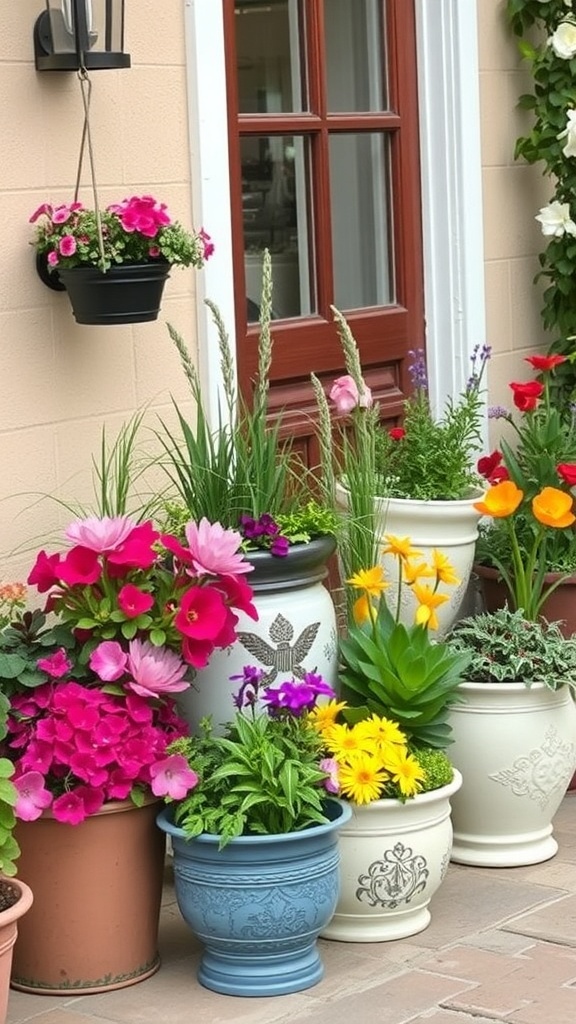 Colorful container garden with various flowers and plants in decorative pots