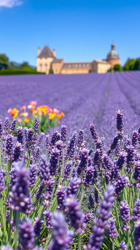 A vibrant lavender field with a building in the background under a clear blue sky.