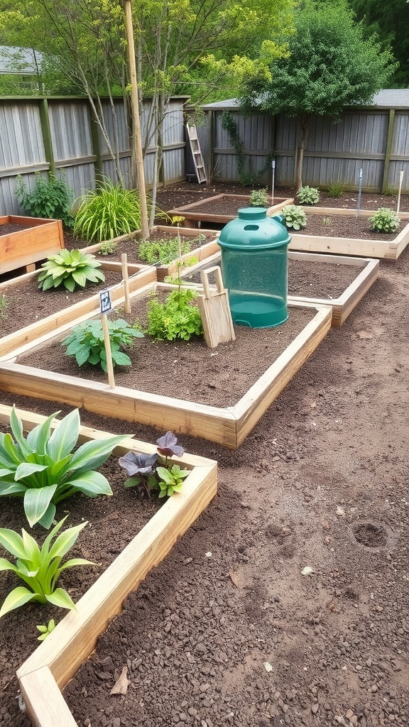 Raised garden beds with a green compost bin in a backyard garden layout.